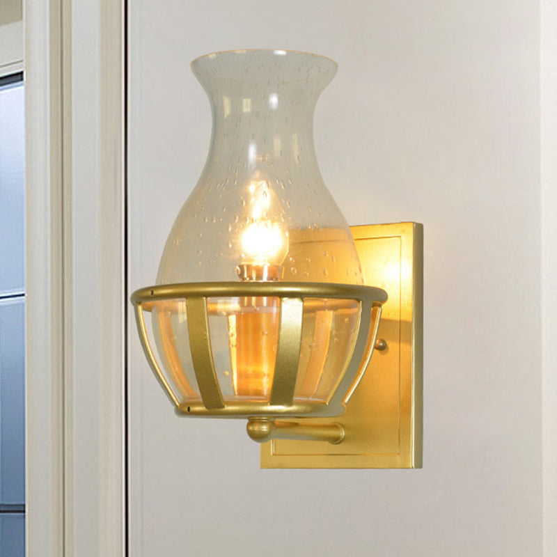 Industrial Gold Seeded Glass Vase Sconce For Bathroom Wall Lighting