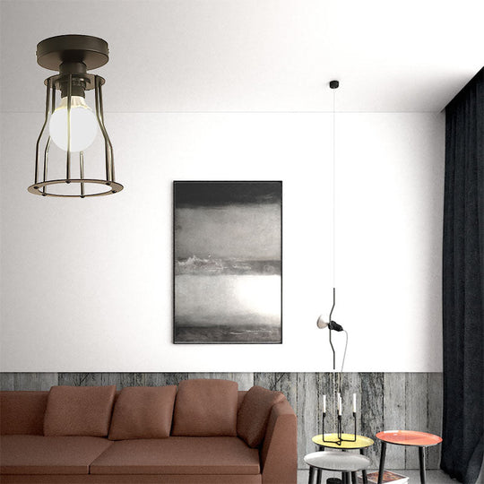 Matte Black Ceiling Wire Guard Mini Pendant Light - Farmhouse Style, 1-Light Semi Flush Iron