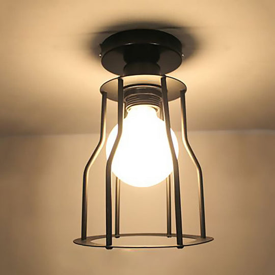 Matte Black Ceiling Wire Guard Mini Pendant Light - Farmhouse Style, 1-Light Semi Flush Iron