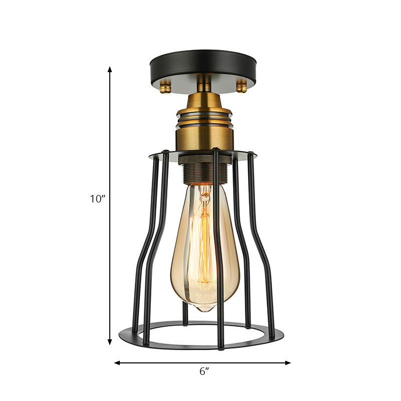 Industrial Style Wire Guard Ceiling Light - Metallic Semi Flush Brass/Antique Brass - Hallway Lighting