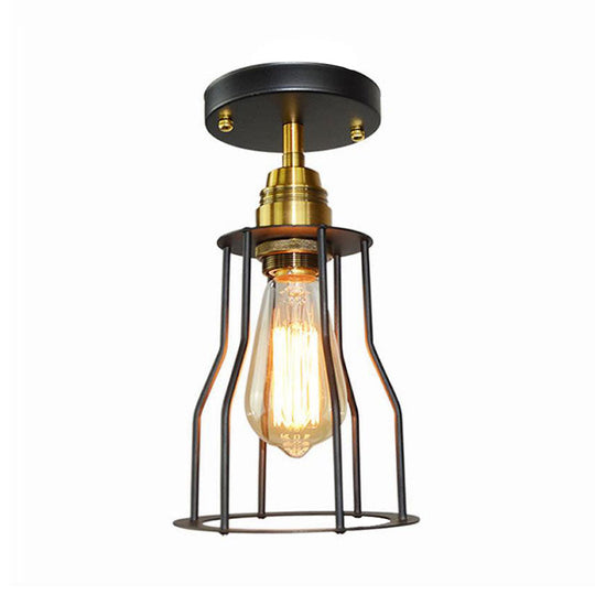 Industrial Style Wire Guard Ceiling Light - Metallic Semi Flush Brass/Antique Brass - Hallway Lighting