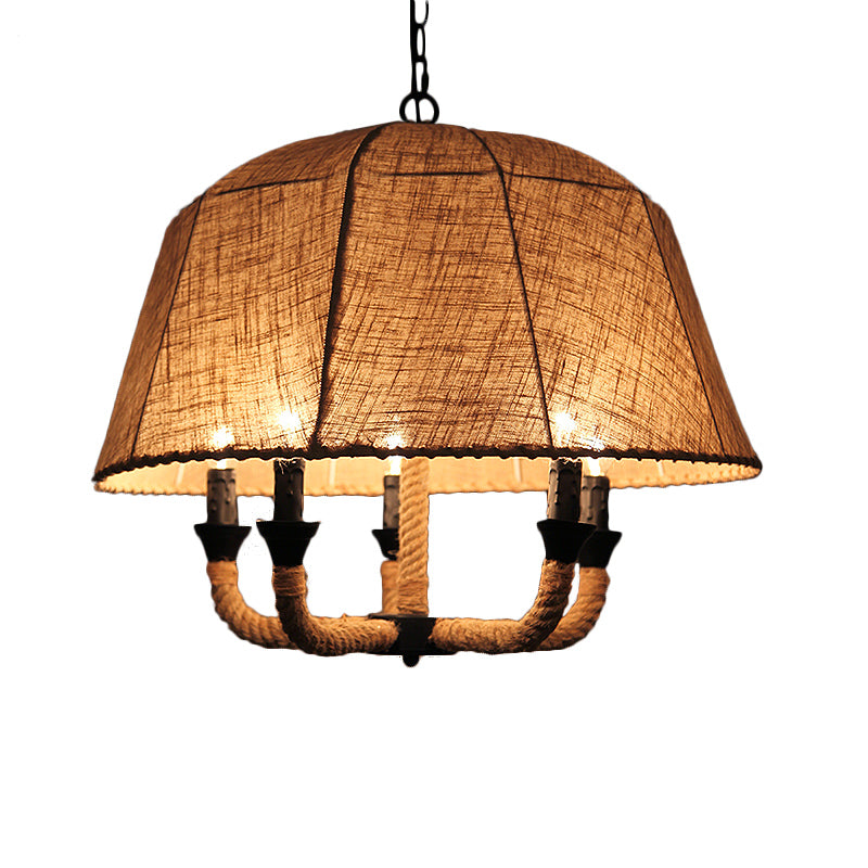 Industrial Beige Chandelier Light with Multi Lights & Fabric Dome Shade - Ceiling Pendant Fixture with Hemp Rope