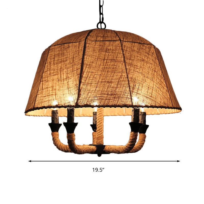 Industrial Beige Multi-Light Chandelier With Fabric Dome Shade - Hemp Rope Accent