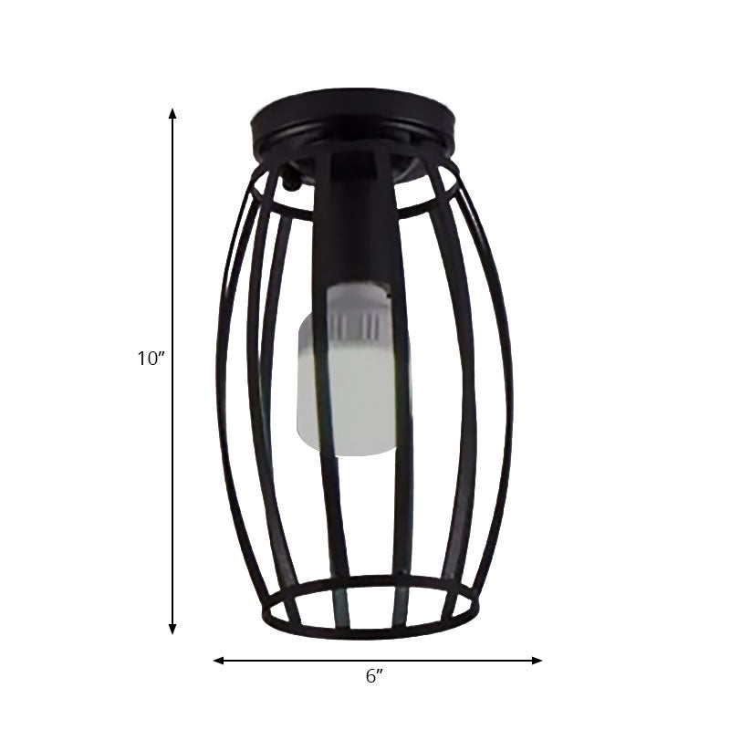 Industrial Style Ceiling Mounted Light with Oval Cage Metallic Shade - 1 Head Bedroom Flush Mount Fixture in Black