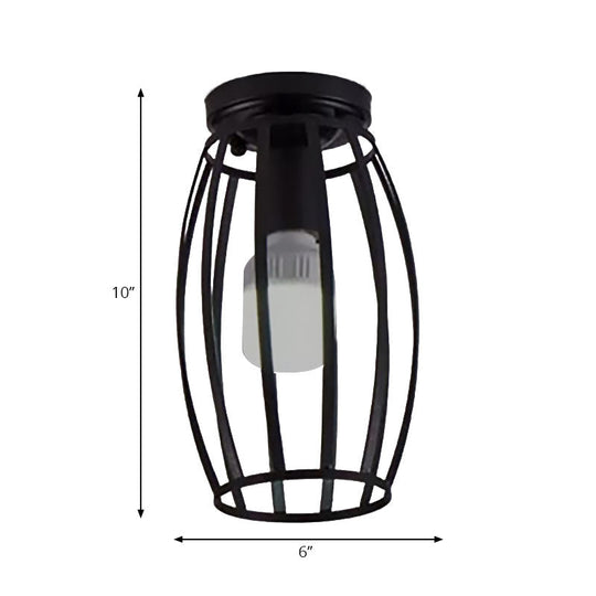 Industrial Style Ceiling Mounted Light with Oval Cage Metallic Shade - 1 Head Bedroom Flush Mount Fixture in Black