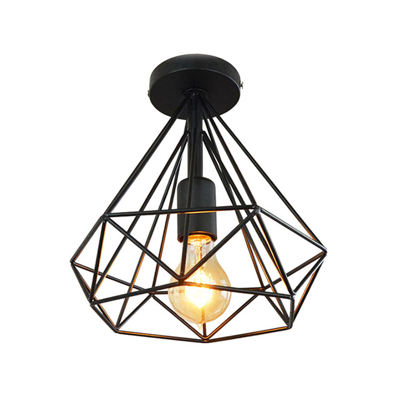 Stylish Diamond Metallic Ceiling Light Fixture for Bedroom - Semi Flush Industrial Cage Design