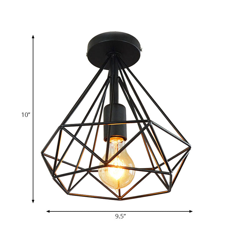 Stylish Diamond Metallic Ceiling Light Fixture for Bedroom - Semi Flush Industrial Cage Design