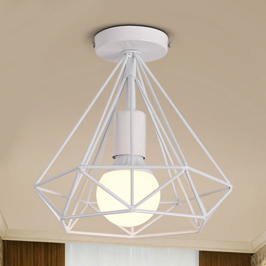 Stylish Diamond Metallic Ceiling Light Fixture for Bedroom - Semi Flush Industrial Cage Design