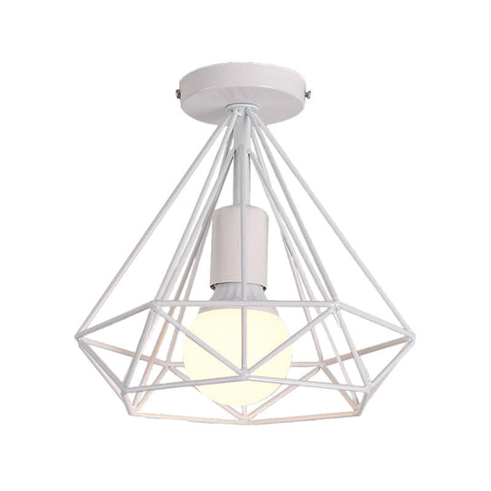 Stylish Diamond Metallic Ceiling Light Fixture for Bedroom - Semi Flush Industrial Cage Design