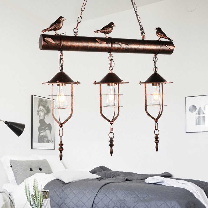 Vintage Metal Island Lighting: 3-Light Caged Shade Pendant For Bedroom Or Kitchen In Rust Finish