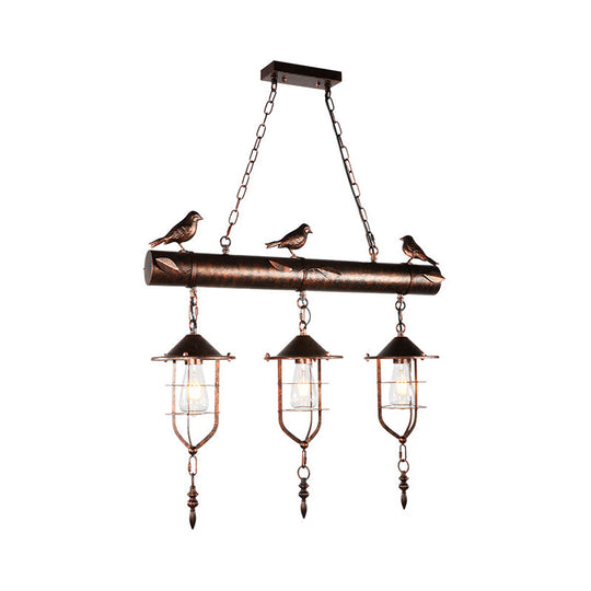 Vintage Metal Island Lighting: 3-Light Caged Shade Pendant For Bedroom Or Kitchen In Rust Finish