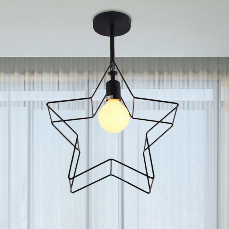 Stylish Black Wire Frame Ceiling Lamp with Star Shade - Bedroom Semi Flush Mount Lighting