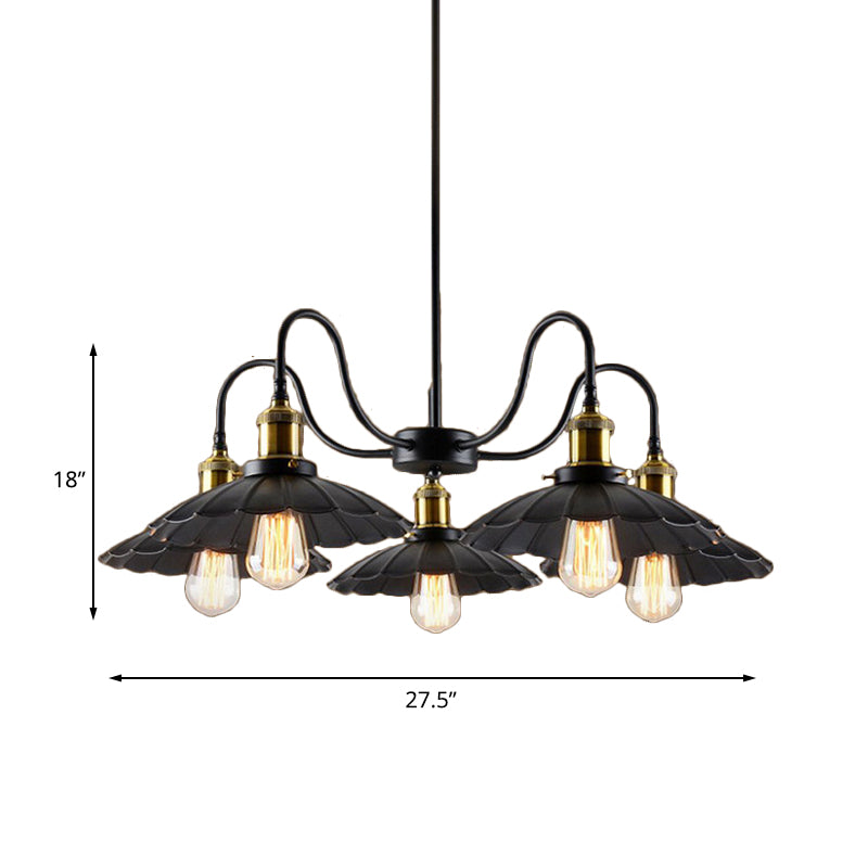 Industrial Metal Chandelier with Scalloped Design - Black Finish, 5 Heads, Indoor Pendant Lighting