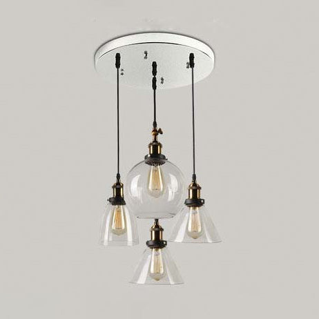 4-Light Clear Glass Cluster Pendant in Aged Brass, Modern Hanging Light with Unique Shades - Linear/Round Canopy