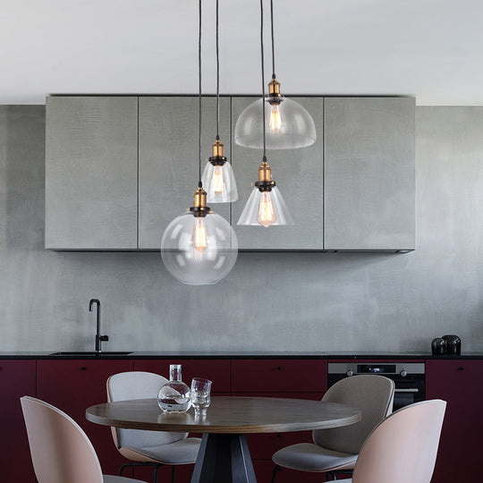 Clear Glass Modern Cluster Pendant With 4 Hanging Lights In Aged Brass