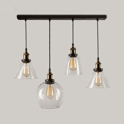 4-Light Clear Glass Cluster Pendant in Aged Brass, Modern Hanging Light with Unique Shades - Linear/Round Canopy