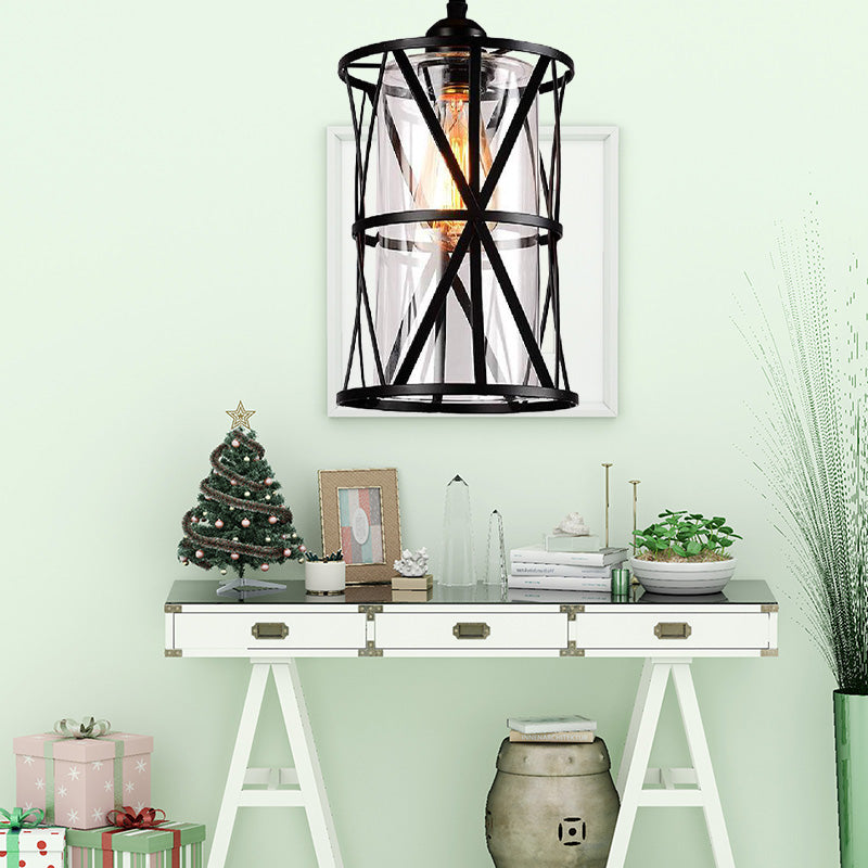 Antique Black Cylinder Pendant Light with Clear Glass/Fabric Shade - Elegant Living Room Ceiling Fixture with Plug and Iron Frame