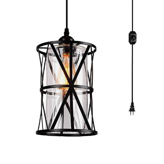 Antique Black Cylinder Pendant Light with Clear Glass/Fabric Shade - Elegant Living Room Ceiling Fixture with Plug and Iron Frame