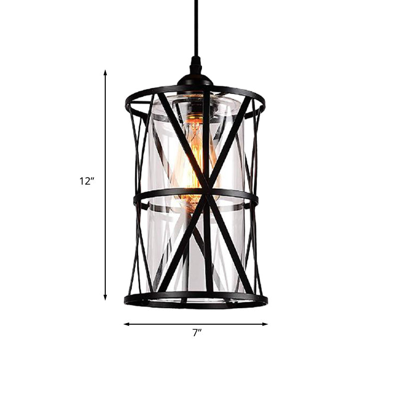 Antique Black Cylinder Pendant Light with Clear Glass/Fabric Shade - Elegant Living Room Ceiling Fixture with Plug and Iron Frame