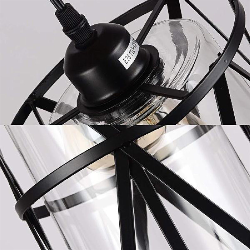 Antique Black Cylinder Pendant Light with Clear Glass/Fabric Shade - Elegant Living Room Ceiling Fixture with Plug and Iron Frame