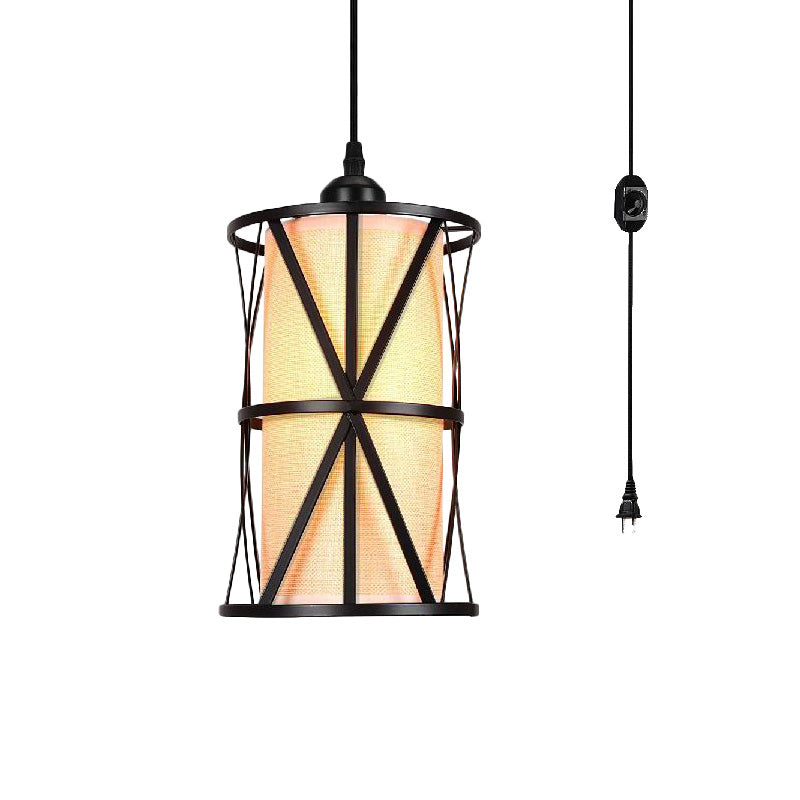 Antique Black Cylinder Pendant Light with Clear Glass/Fabric Shade - Elegant Living Room Ceiling Fixture with Plug and Iron Frame