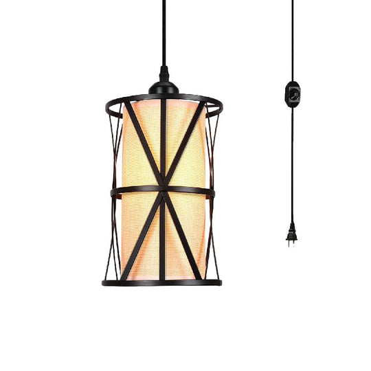 Antique Black Cylinder Pendant Light with Clear Glass/Fabric Shade - Elegant Living Room Ceiling Fixture with Plug and Iron Frame