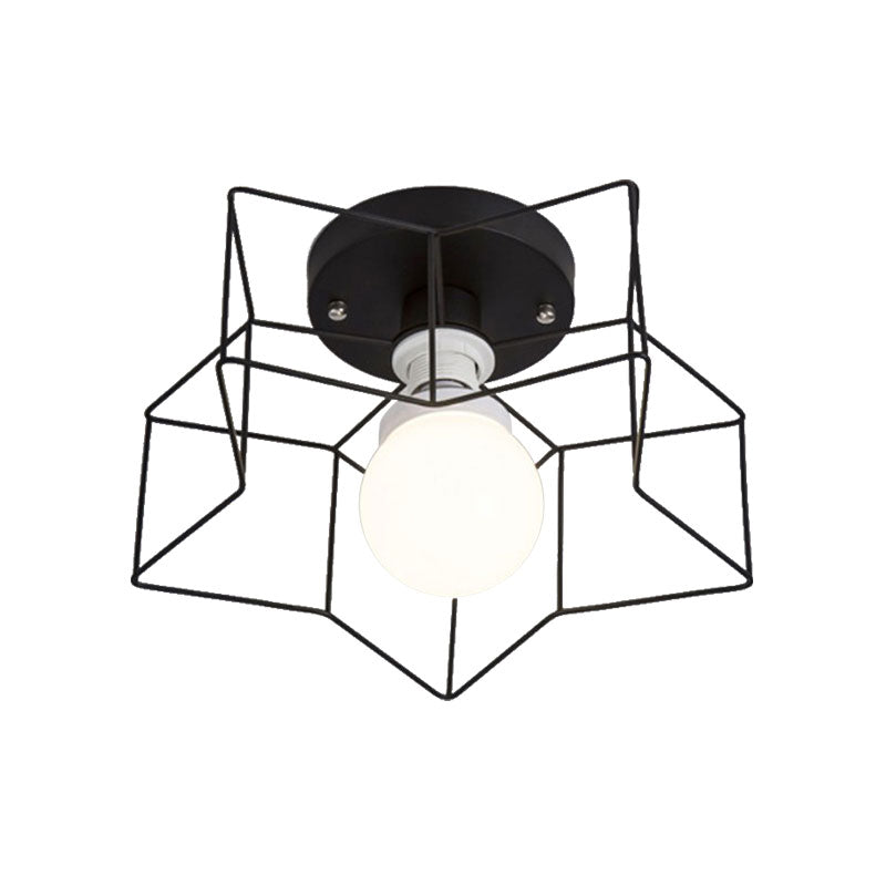 Industrial Cage Shade Ceiling Light for Bedroom - Black/White Metal Semi-Flush Mount