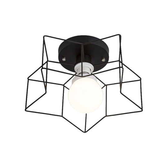 Industrial Cage Shade Ceiling Light For Bedroom - Black/White Metal Semi-Flush Mount