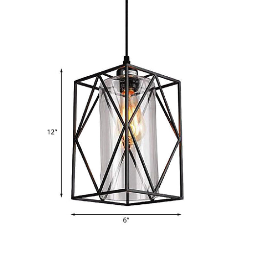 Farmhouse Pendant Ceiling Light: Black Cylinder with Clear Glass/Fabric, Plug-in for Living Room