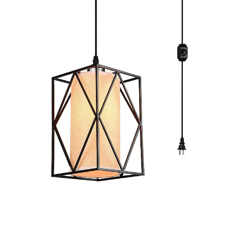 Farmhouse Pendant Ceiling Light: Black Cylinder with Clear Glass/Fabric, Plug-in for Living Room