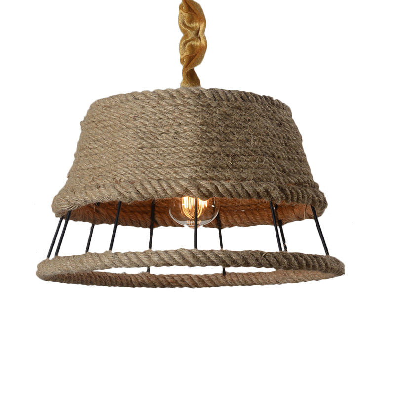 Hemp Rope Beige Pendant Light with Metal Cage Shade - Lodge Hanging Light Fixture for Restaurant