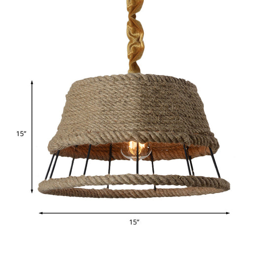 Hemp Rope Beige Pendant Light with Metal Cage Shade - Lodge Hanging Light Fixture for Restaurant