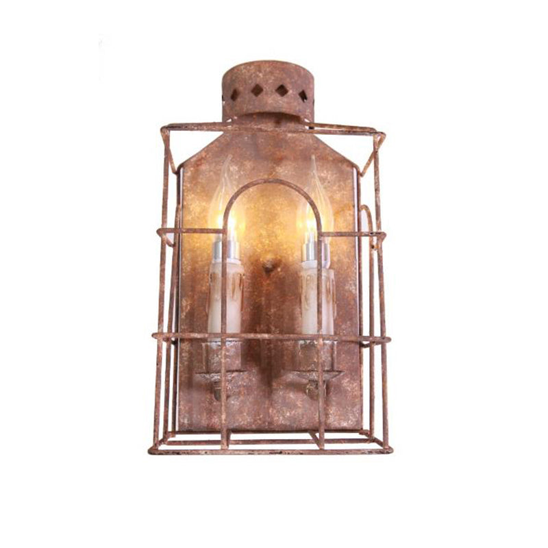 Vintage Metal Wire Cage Wall Sconce Light With 2-Lights For Hallway Corridor In Rustic Finish