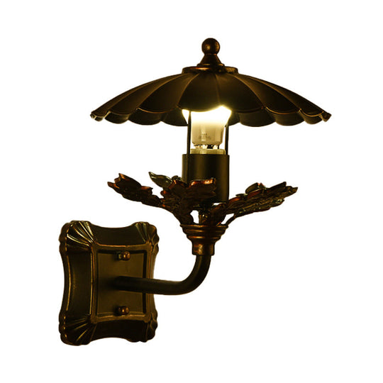 Retro Rust Metallic Wall Sconce Lamp With Leaf Decoration - Scalloped Design For Corridor