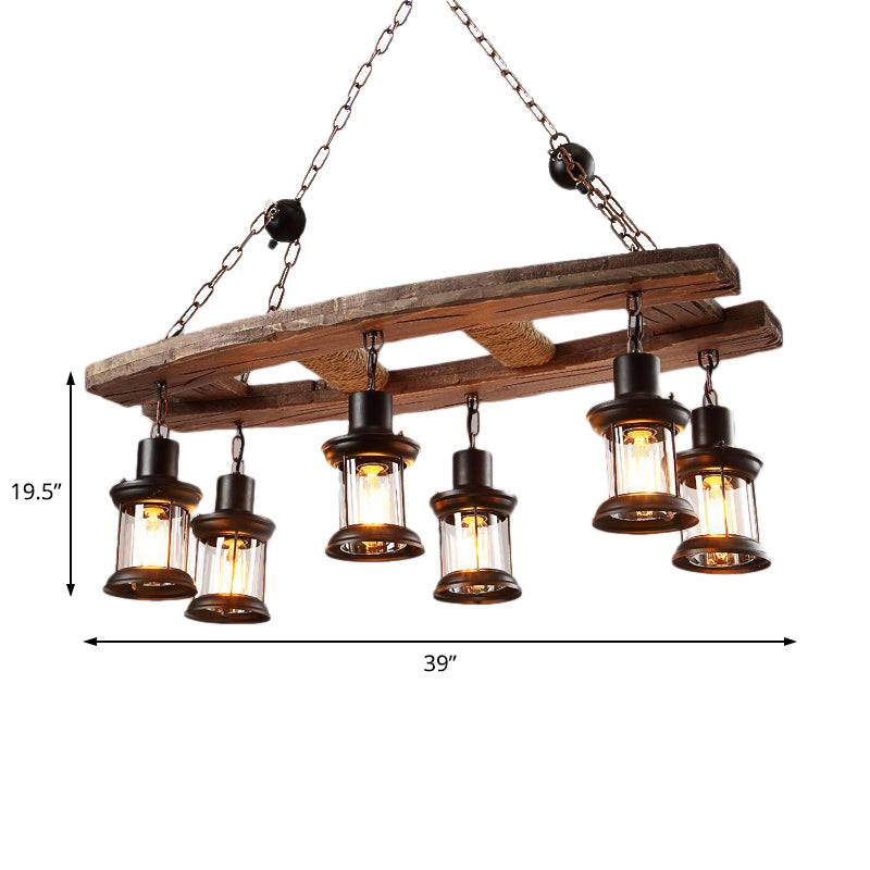 Rustic 6-Light Pendant Lantern: Clear Glass & Black With Wooden Board