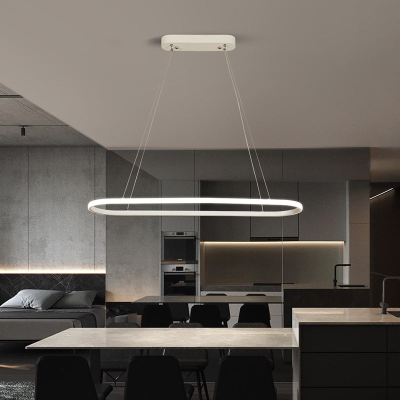 Modern White Led Pendant Light Fixture - Oval Kitchen Chandelier With Aluminum Frame And