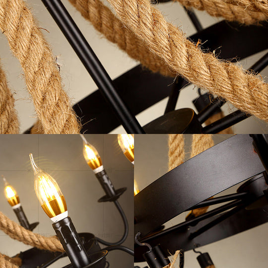 Vintage Wagon Wheel Chandelier With Rope Detail - 6 Bulb Pendant Light Black Metal Hanging Lamp