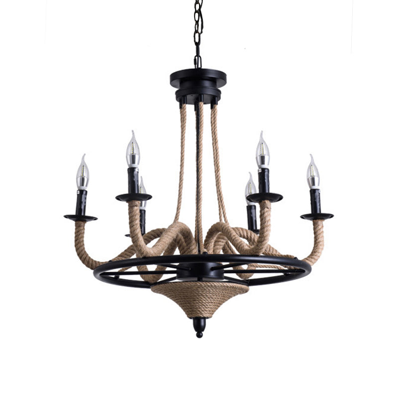 Vintage Wagon Wheel 6 Bulb Chandelier Pendant Light with Rope Detail - Black Metal Hanging Lamp