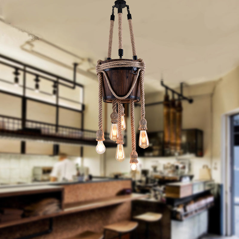 Vintage Six-light Wooden Chandeliers with Hemp Rope - Perfect for Balcony!