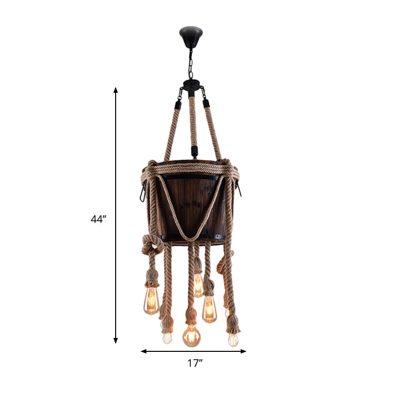 Antique Hanging Chandeliers: Wood Bucket Design With Six Lights Hemp Rope Brown - Ideal For Balcony