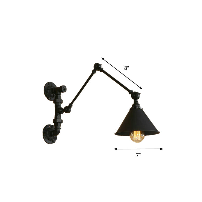 Industrial Metal Swing Arm Bedroom Wall Sconce - Black Mount Light With Cone Shade (7/8.5 Wide)