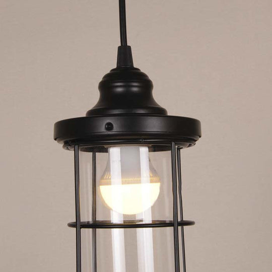 Industrial Black Clear Glass Pendant Light Kit with Caged Multiple Lamps - 2/3 Bulbs, Linear/Round Canopy