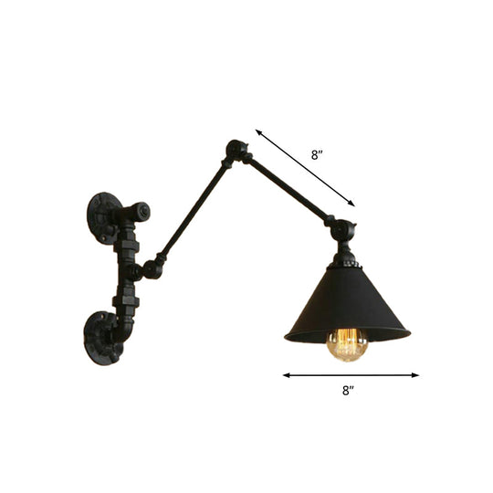 Industrial Metal Swing Arm Bedroom Wall Sconce - Black Mount Light With Cone Shade (7/8.5 Wide)