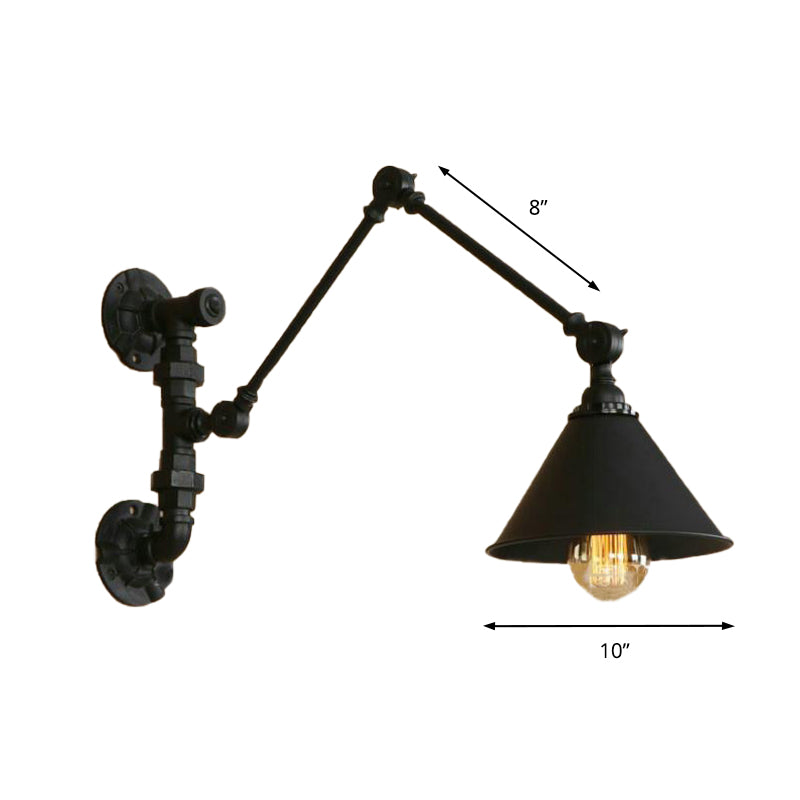 Industrial Metal Swing Arm Bedroom Wall Sconce - Black Mount Light With Cone Shade (7/8.5 Wide)