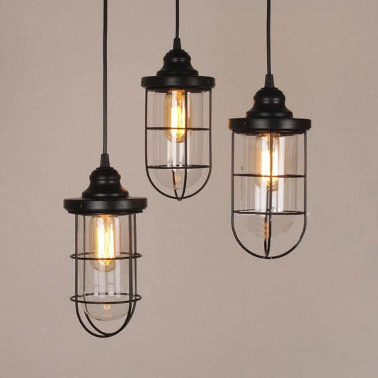 Industrial Black Clear Glass Pendant Light Kit with Caged Multiple Lamps - 2/3 Bulbs, Linear/Round Canopy