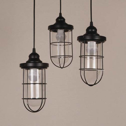 Industrial Black Clear Glass Pendant Light Kit with Caged Multiple Lamps - 2/3 Bulbs, Linear/Round Canopy