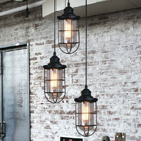 Industrial Black Clear Glass Pendant Light Kit with Caged Multiple Lamps - 2/3 Bulbs, Linear/Round Canopy