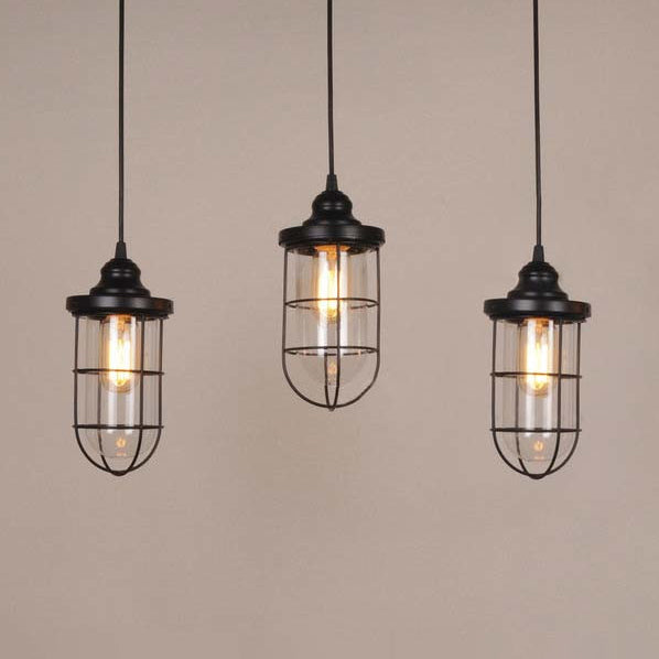 Industrial Black Clear Glass Pendant Light Kit with Caged Multiple Lamps - 2/3 Bulbs, Linear/Round Canopy