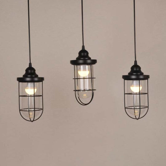 Industrial Black Clear Glass Pendant Light Kit with Caged Multiple Lamps - 2/3 Bulbs, Linear/Round Canopy