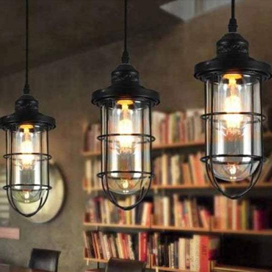 Industrial Black Clear Glass Pendant Light Kit with Caged Multiple Lamps - 2/3 Bulbs, Linear/Round Canopy